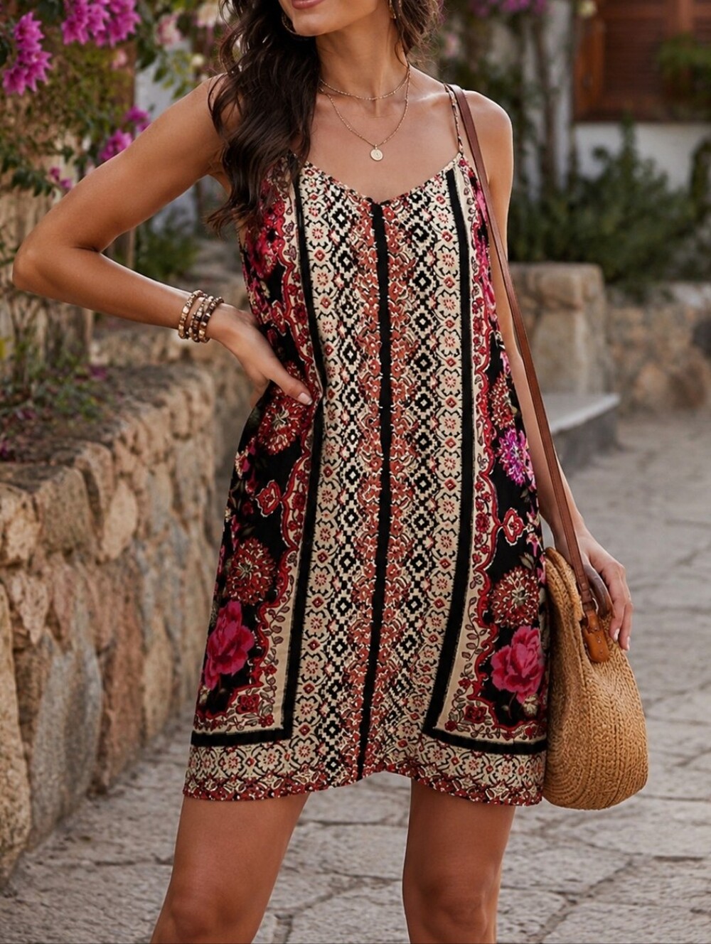 Angie Boho Floral Border Print Sundress Black Pink Cream 100% Rayon Strappy